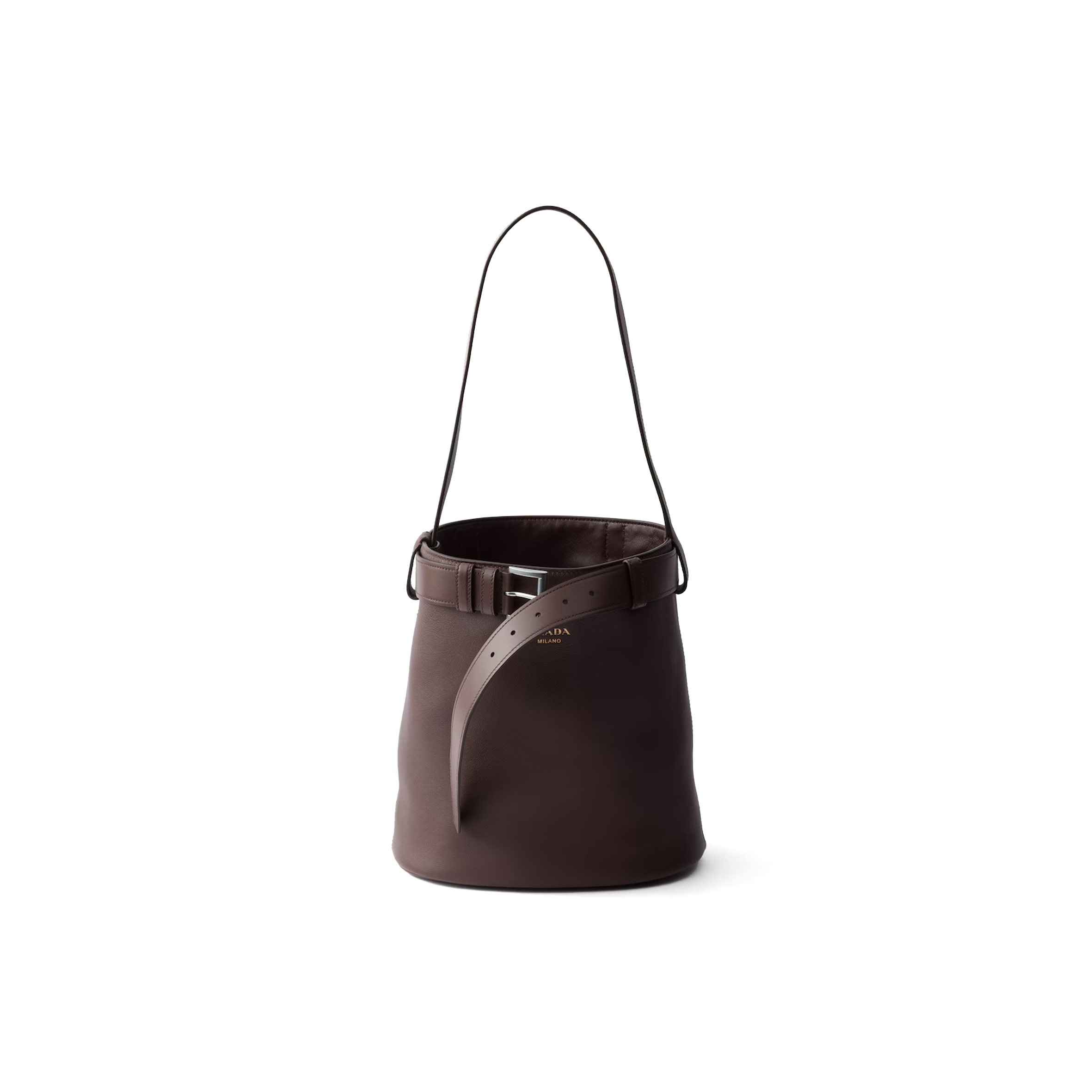 PRADA BUCKLE LEATHER BUCKET BAG WITH BELT 1BE085 (29*26.5*18cm)